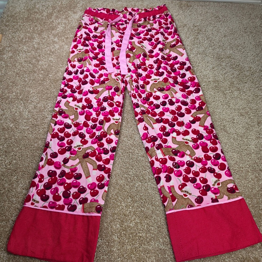 Nick & Nora Pajama Pants Pink Cherry Sock Monkey Cotton Loungewear Size S
